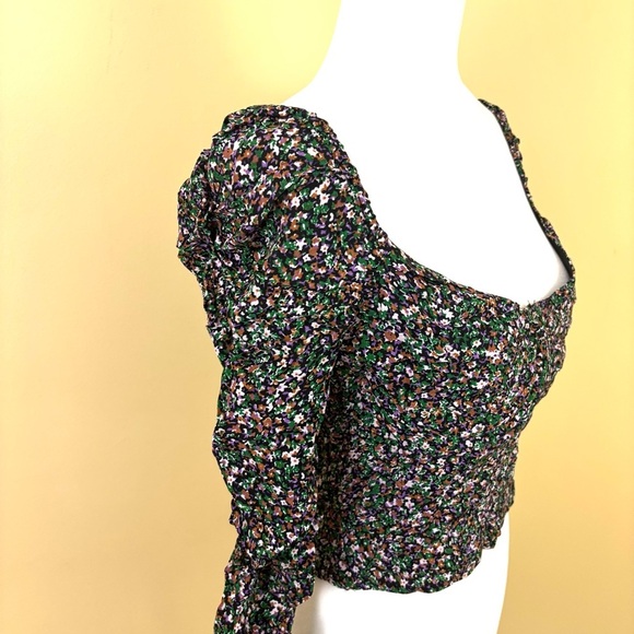 Astr Multicolor Floral Ruched Long Sleeve Sweetheart Neck Cropped Top (M) - - Picture 4 of 14